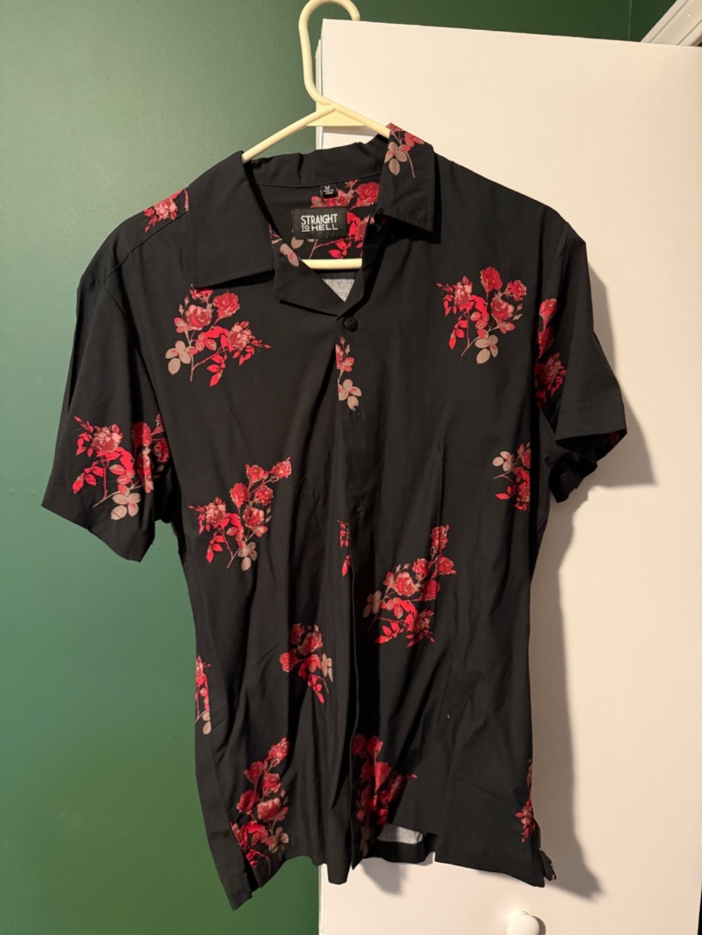 Straight to Hell Men’s Black Short-Sleeve Button-Down with Red Floral Print